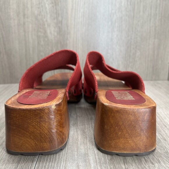 Bongo Wooden Platform Clog Sandal Size 9 Slip On Block Heel Open Toe Leather Red - Picture 6 of 12